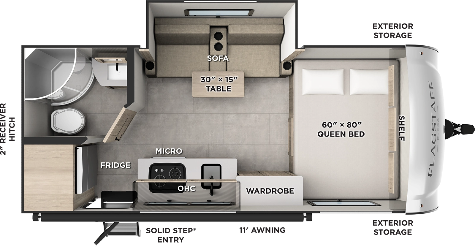 The Flagstaff E-Pro E19LE floorplan has one entry and one slide out. Exterior features include: fiberglass exterior and 11' awning. Interiors features include: front bedroom.